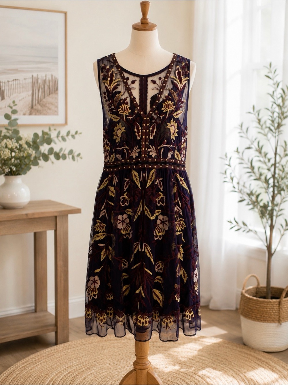 Anthropologie Moulinette Soeurs Navy Embroidered Floral Alicante Midi Dress 10